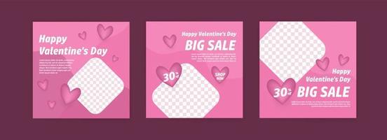 modelli di post sui social media per il marketing digitale e la promozione delle vendite il giorno di San Valentino. pubblicità di moda. offrire banner sui social media. illustrazione di mockup cornice foto vettoriale