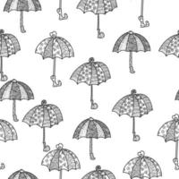 scarabocchio ombrelli senza soluzione di continuità modello con ornato Linee e riccioli, Aperto contorno fantasia ombrelli su un' bianca sfondo vettore
