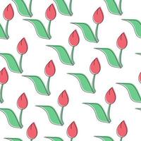 senza soluzione di continuità modello di rosso chiuso tulipani, contorno scarabocchio fiori con verde le foglie su un' bianca sfondo vettore