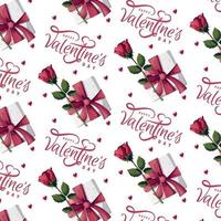 senza soluzione di continuità modello con rosso Rose, foglie, regalo scatola, cuori. contento San Valentino giorno, romanza, amore concetto. Perfetto per Prodotto disegno, scrapbooking, tessile, involucro carta. vettore