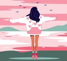 vettore grafica illustrazione design ragazza senza un' viso nel un' felpa con cappuccio maglione nel natura su vacanza luminosa illustrazione rosa verde colore