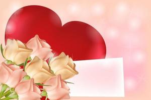 un' mazzo di rosa e beige Rose, un' grande rosso cuore e un' carta per un' firma su un' rosa sfondo. San Valentino giorno concetto. vettore Immagine