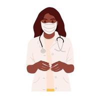 donna medico ritratto nel protettivo maschera isolato su bianca sfondo. femmina medico con stetoscopio sorridente. africano americano donna terapista nel medico uniforme. piatto vettore illustrazione