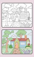 imparare colorazione per bambini e elementare scuola. Casa, albero, giardino. vettore