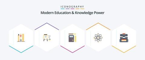 moderno formazione scolastica e conoscenza energia 25 piatto icona imballare Compreso zaino. laboratorio. penna. molecola. atomo vettore