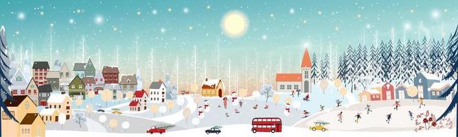inverno paesaggio, festeggiare Natale e nuovo anno nel villaggio a notte con contento polare orso giocando giocando ghiaccio pattini nel il parco, vettore di orizzontale bandiera inverno Paese delle meraviglie nel campagna
