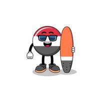 mascotte cartone animato della bandiera dello yemen come surfista vettore