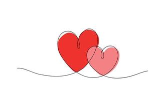 Due rosso cuori, uno linea disegno, schema. cartolina per amanti, San Valentino giorno vettore