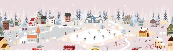 senza soluzione di continuità modello inverno paesaggio, festeggiare Natale e nuovo anno 2022 nel villaggio a notte con contento persone giocando ghiaccio pattinare nel il parco, vettore orizzontale bandiera inverno Paese delle meraviglie nel campagna