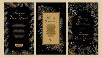 impostato di allegro Natale e contento nuovo anno verticale saluto carte con mano disegnato d'oro botanica elementi. vettore illustrazione nel schizzo stile. festivo sfondi. sociale media storie modelli