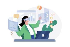 la donna d'affari indossa gli occhiali vr per la tecnologia di realtà virtuale metaverse per riunioni online a casa vettore