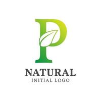 lettera p con foglia naturale iniziale vettore logo design