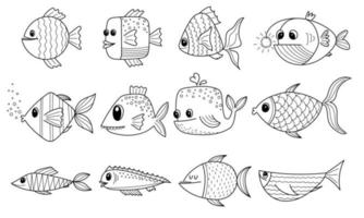 impostato di mano disegnato schema comico pesce. carino divertente astratto pesce per bambini colorazione libro. vettore nero e bianca illustrazione isolato su bianca sfondo.