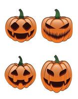 concetto impostato di 4 Halloween zucca viso personaggi con allegro e raccapricciante sorrisi su bianca sfondo. zucca cartone animato vettore illustrazione