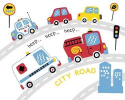 vettore impostato di vario veicoli cartone animato su il strada, traffico elementi illustrazione