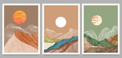 impostato di creativo minimalista mano dipinto illustrazioni di medio secolo moderno. naturale astratto paesaggio sfondo. montagna, deserto, foresta, mare, cielo, sole e fiume vettore