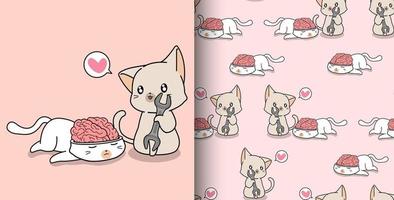 gatto kawaii disegnato a mano senza cuciture che guarda il cervello vettore