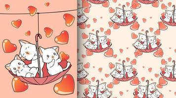 adorabili gatti all'interno di un ombrello rosso con motivo a cuori vettore
