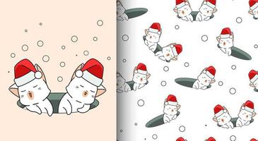 gatti kawaii senza cuciture che indossano il cappello di Babbo Natale nel buco vettore