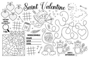 vettore santo San Valentino tovaglietta per bambini. amore vacanza stampabile attività stuoia con labirinto, tic tac dito del piede grafici, Collegare il punti, trova differenza. nero e bianca giocare stuoia o colorazione pagina