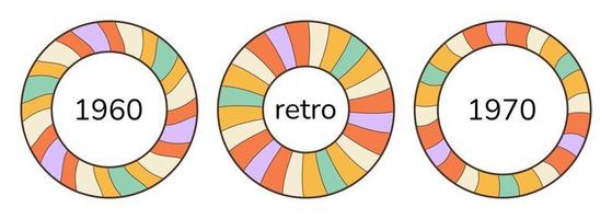 1960, 1970 turbine arcobaleno il giro montatura per foto impostare. retrò Vintage ▾ Groovy psichedelico frontiere collezione. colorato cerchi piace vinil record decorazione spazio per immagine o testo. vettore illustrazione.