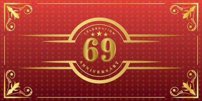 69 ° anniversario logo con d'oro squillo, coriandoli e oro confine isolato su elegante rosso sfondo, brillare, vettore design per saluto carta e invito carta