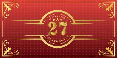 27th anniversario logo con d'oro squillo, coriandoli e oro confine isolato su elegante rosso sfondo, brillare, vettore design per saluto carta e invito carta