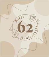 62 anno anniversario, minimalista logo. Marrone vettore illustrazione su minimalista fogliame modello disegno, le foglie linea arte inchiostro disegno con astratto Vintage ▾ sfondo.