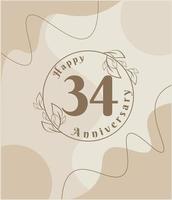 34 anno anniversario, minimalista logo. Marrone vettore illustrazione su minimalista fogliame modello disegno, le foglie linea arte inchiostro disegno con astratto Vintage ▾ sfondo.