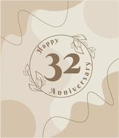 32 anno anniversario, minimalista logo. Marrone vettore illustrazione su minimalista fogliame modello disegno, le foglie linea arte inchiostro disegno con astratto Vintage ▾ sfondo.