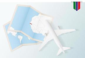 viaggio per Gambia, superiore Visualizza aereo con carta geografica e bandiera di Gambia. vettore