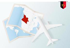 viaggio per angola, superiore Visualizza aereo con carta geografica e bandiera di angola. vettore