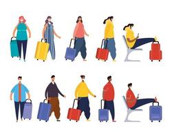 viaggiatori interrazziali con personaggi avatar valigie vettore