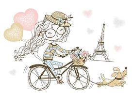ragazza va in bicicletta con il suo cane a parigi. vettore