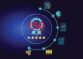 iso certificato affari, certificazione e standardizzazione processi conformità per internazionale standard e qualità garanzia concetto. vettore