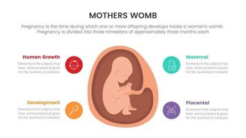 bambino nel il grembo incinta o gravidanza Infografica concetto per diapositiva presentazione con 4 punto elenco vettore