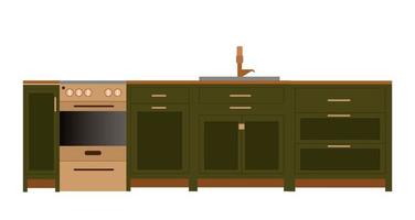 cucina, piatto stile. verde cucina con fornello, scaffali, utensili e arredamento. vettore