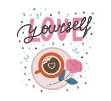 romantico lettering con caffè e rosa vettore