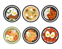 impostato collezione di sei tradizionale asiatico piatti. cibo concetto. vettore azione illustrazione isolato su bianca sfondo. piatto stile