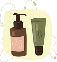 naturale eco cosmetici. illustrazione biologico crema, gel, sapone. Marrone e verde sapone barattolo. vettore