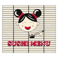 carino ragazza mangiare Sushi bambù Sushi stuoia vettore
