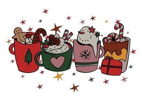 Natale albero, caldo dring nel rosso tazza, famiglia, i regali impostare. nuovo anno e allegro Natale carte. mano disegnato vettore colorato illustrazione. isolato su bianca sfondo.