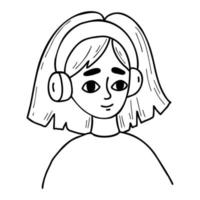 carino ragazza nel cuffia. vettore illustrazione nel scarabocchio stile. cartone animato femmina personaggio ritratto ascoltando per musica, podcast.