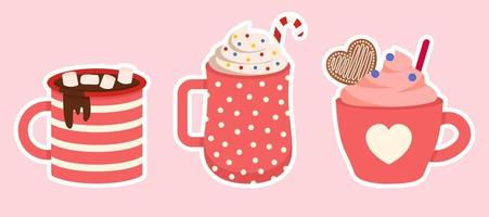 impostato di san valentino bevande, bevande con marshmallow vettore illustrazione con cuori nel piatto stile