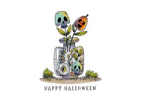 Bottiglia sveglia di Halloween con il vettore delle piante di zucca e del cranio