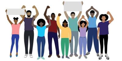 gruppo di giovane nero persone con loro mani sollevato su, alcuni sollevato cartelli sopra loro teste, protesta contro discriminazione, piatto vettore, isolato su bianca, nero storia mese vettore