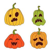 impostato di zucca di vario forme e colori con divertente facce. Halloween elementi. vettore illustrazione nel mano disegnato stile