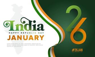 India repubblica giorno 26 gennaio creativo illustrazione con nastro, bandiera, carta geografica, ruota per sfondo, saluto carta, bandiera vettore