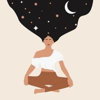 donna seduta nel yoga loto posa.in il Da donna capelli spazio, stelle, luna.la concetto di meditazione, generazione di idee, comunicazione con il cosmo. piatto vettore illustrazione, eps 10