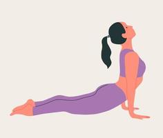 donna che indossa abiti sportivi che fanno yoga. giovane ragazza magra che fa yoga. illustrazione vettoriale colorata disegnata a mano. perdita di peso. concetto di assistenza sanitaria e stile di vita. yoga femminile.